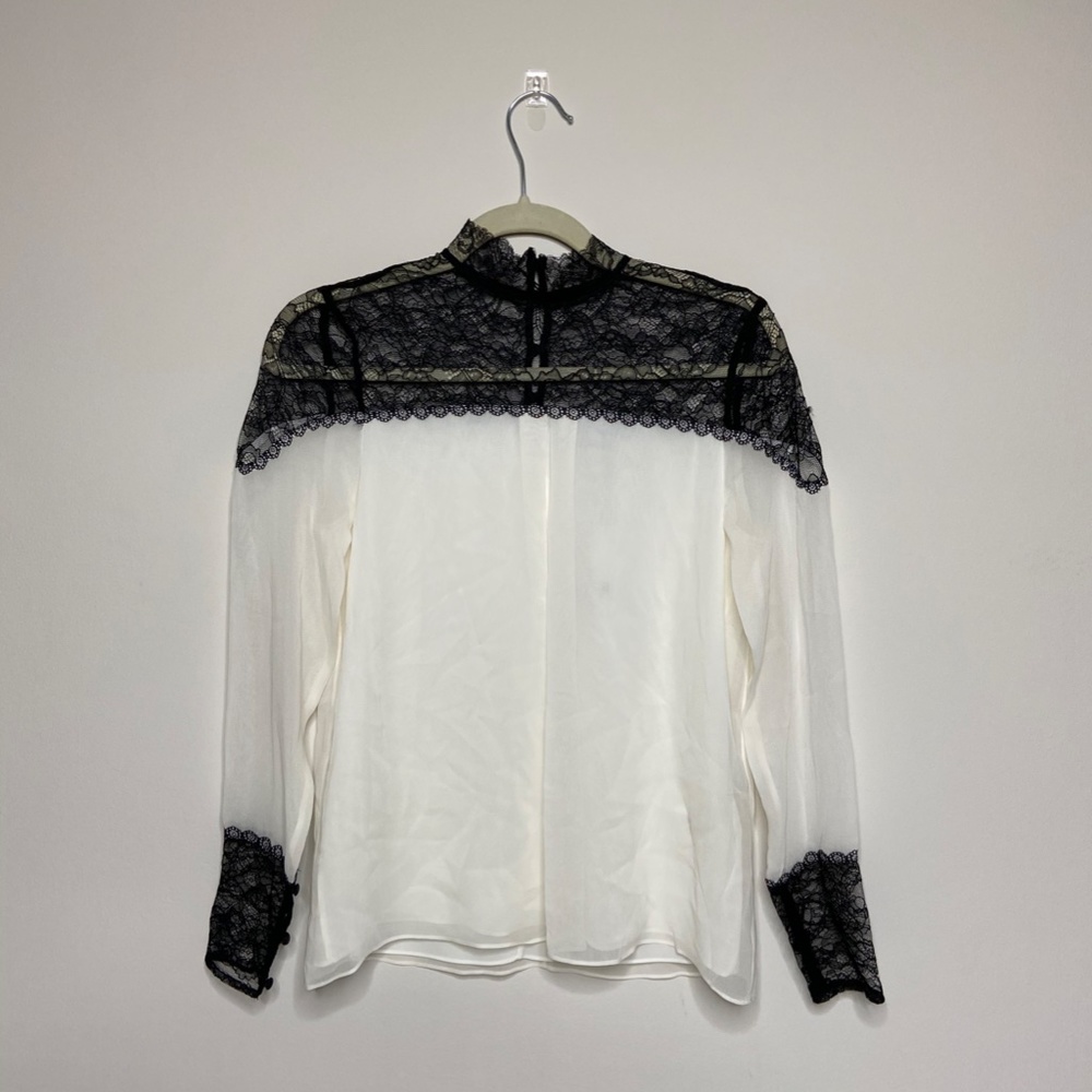 Alice + Olivia White Blouse with Black Lace Yoke & Cuffs